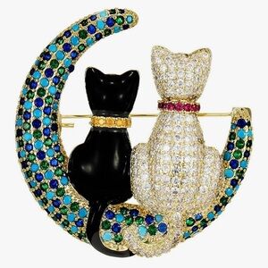 🆕 Rhinestone Couple Cats on the Moon Brooch Pin for Women